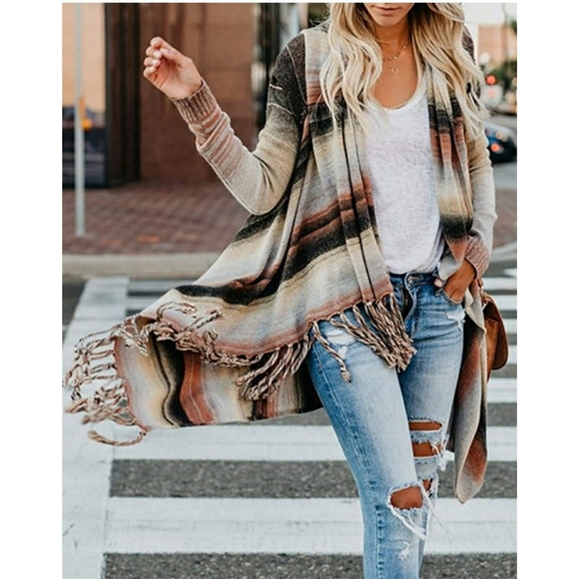 Open Front Color Stripe Slash Tassel Hem Cardigan - Picture 4 of 6